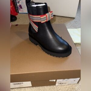 Burberry Black Ankle Boots with Striped Bow Accent #brandnew